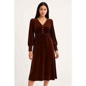 Inherit Brown Velvet Empire Waist Midi Dress Boho Sleeves Small‎ (3017)